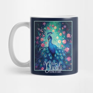 Blue Peacock & Pink Flowers Happy Diwali Festival of Lights Mug